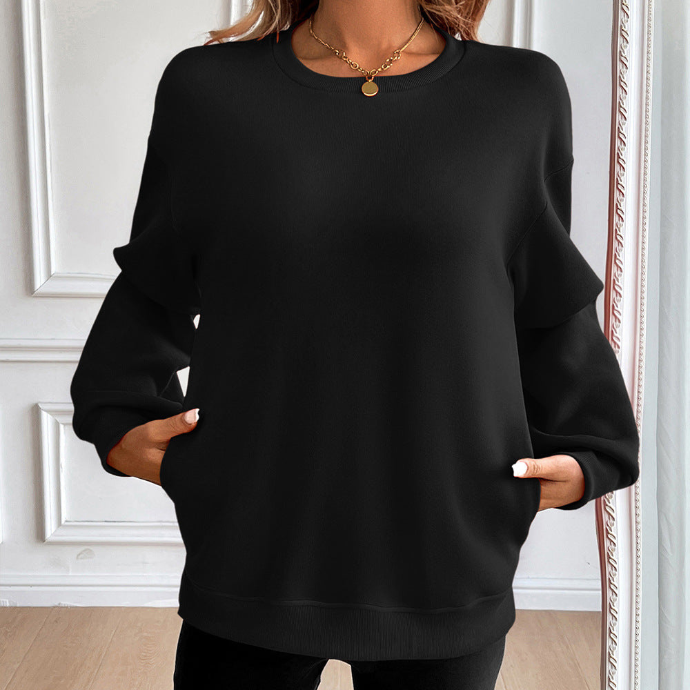 Women's loose fit cotton blend sweatshirt round neck relaxed silhouette with front pockets