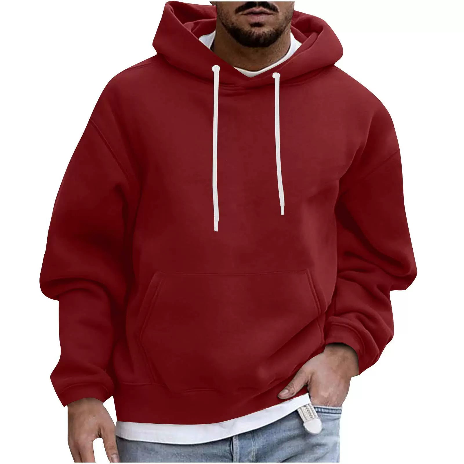 Men's loose fit drop shoulder fleece hoodie with kangaroo pocket and ribbed hem for relaxed style
