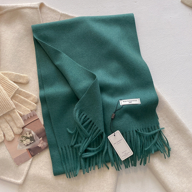 Soft plain tassel scarf shawl in neutral tone, versatile wrap style with fringe hem