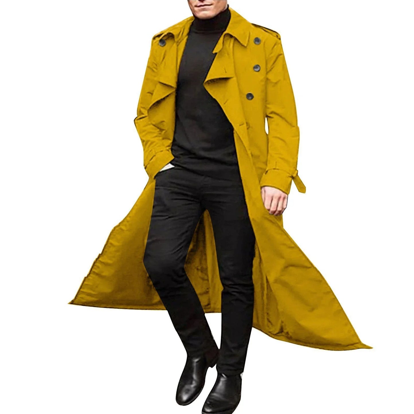 Men's camel tailored fit double-breasted trench coat with notched lapels, full-length professional style