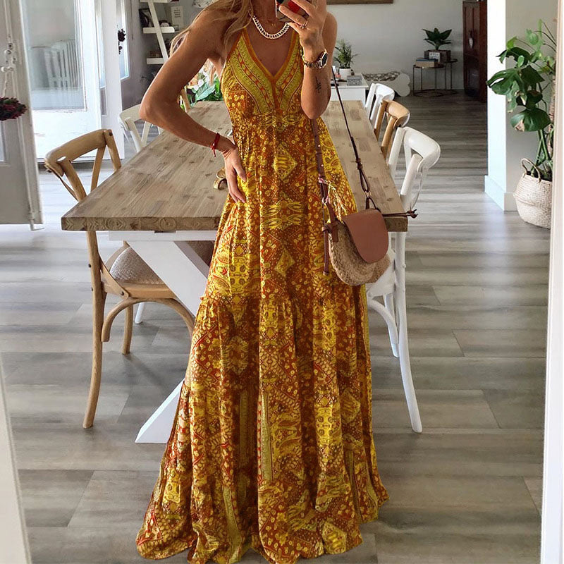 Women's boho maxi dress V-neck spaghetti strap flowy draped silhouette effortless feminine style