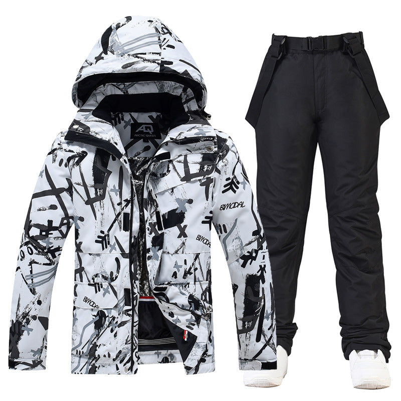 Men's relaxed-fit two-piece ski suit with hooded jacket, suspenders, water-resistant winter snow set