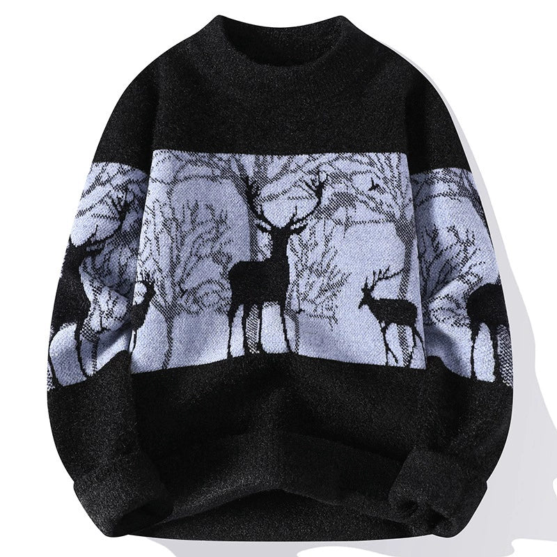 Men's loose fit Nordic knit pullover sweater mock neck ribbed trim deer pattern casual style