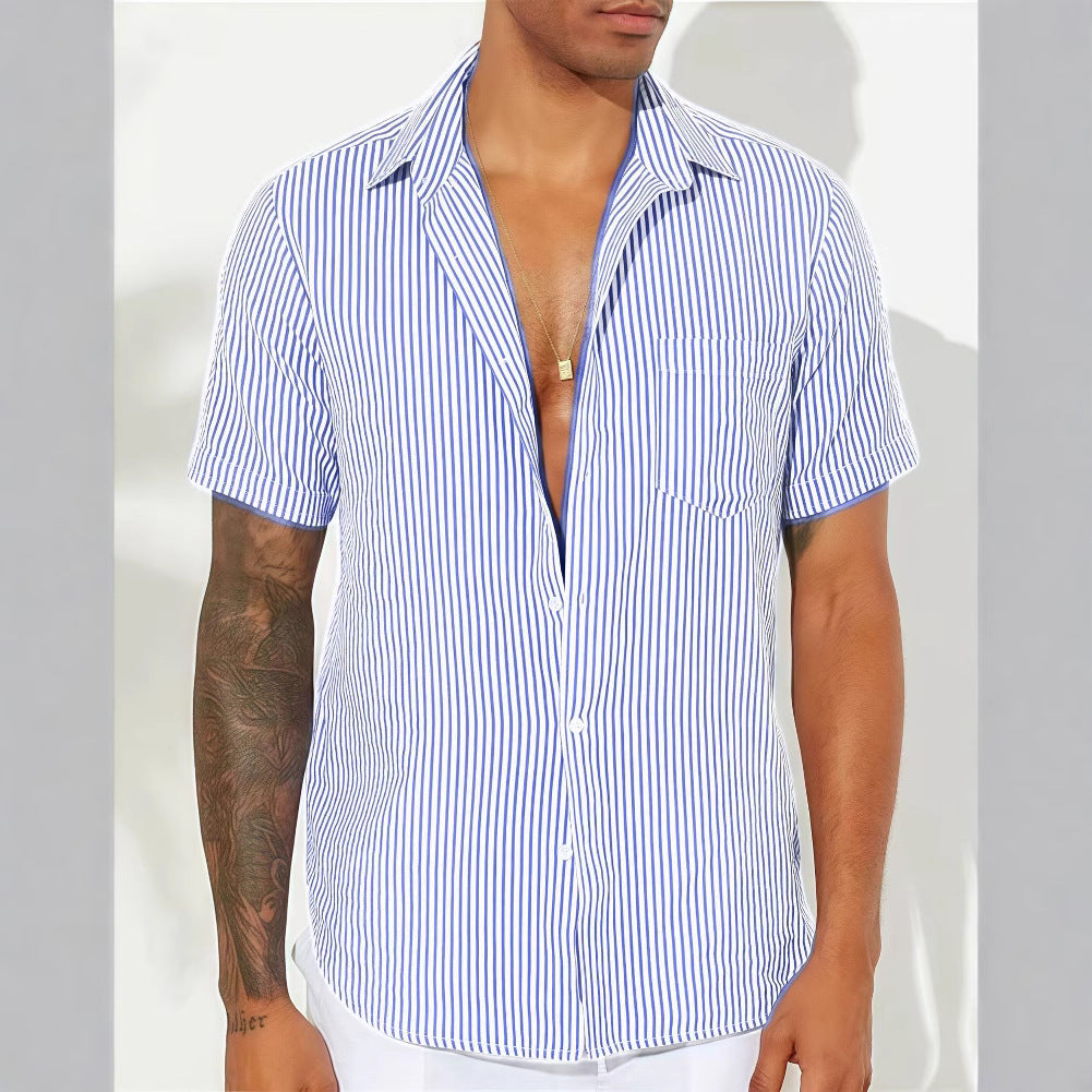 Men's relaxed fit short sleeve button-up shirt vertical stripes cotton blend casual wear