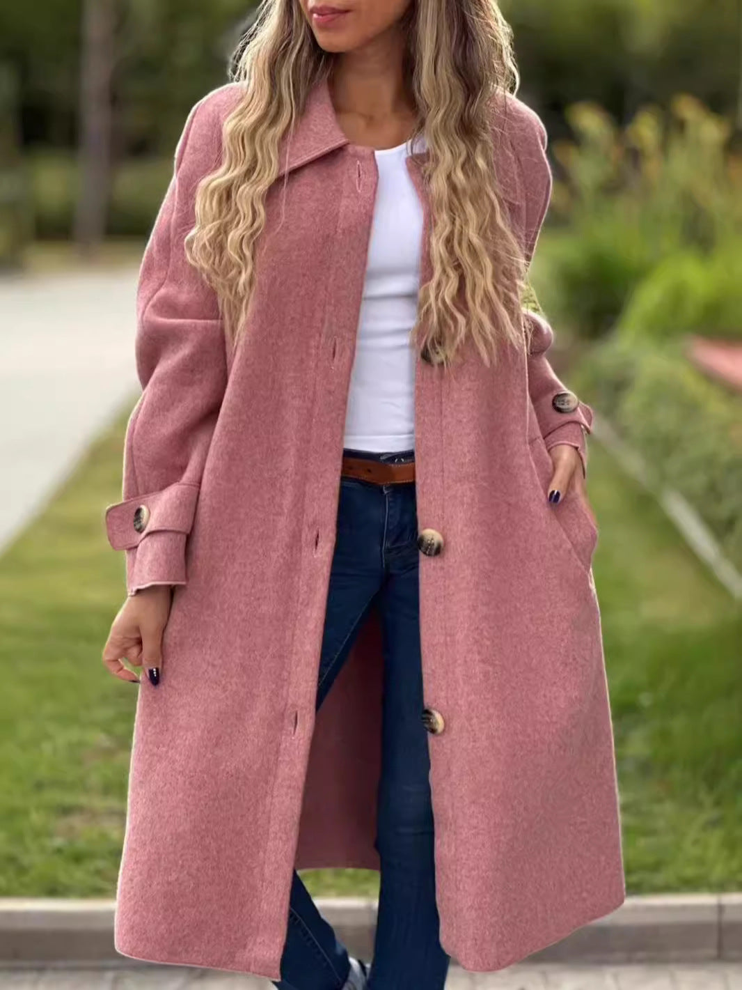 Women's wool blend long coat relaxed fit button front full length classic collar outerwear