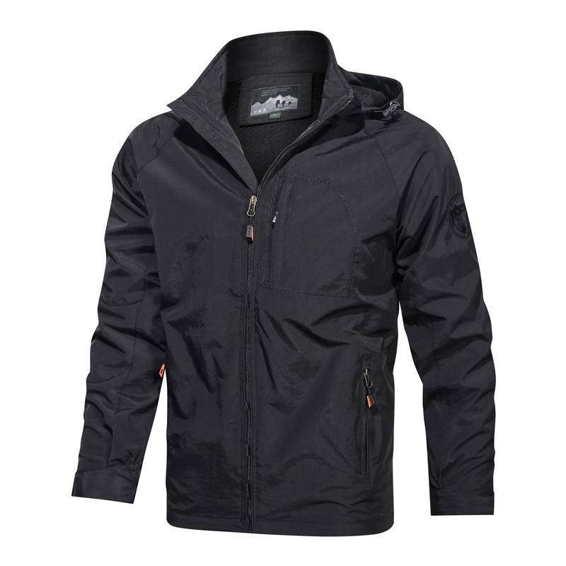 Men's navy hooded windproof jacket relaxed fit with zipper pockets for outdoor adventures