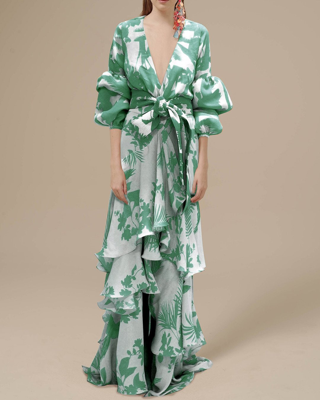 Floral chiffon maxi dress V-neck puff sleeves waist tie layered skirt elegant summer style