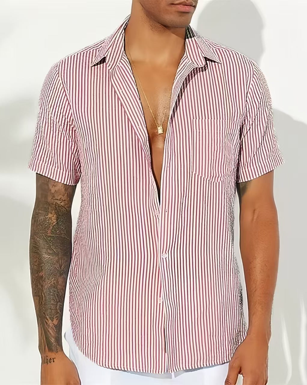 Men's relaxed fit short sleeve button-up shirt vertical stripes cotton blend casual style