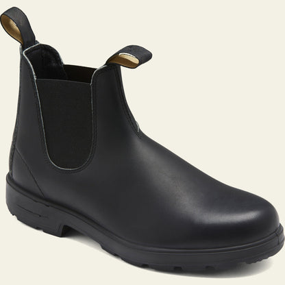 Unisex black PU leather Chelsea ankle boots slip-on style with elastic side panels and durable sole
