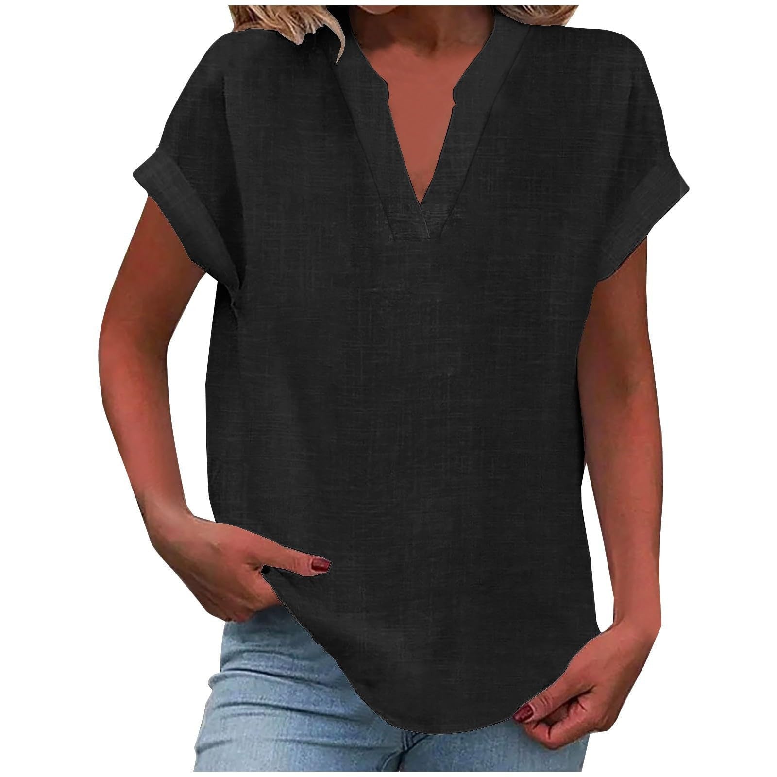 Relaxed white v-neck blouse with rolled short sleeves, smooth drape, and polished everyday silhouette