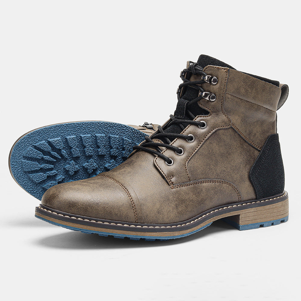 Men's brown cap toe boot weather-resistant synthetic leather with bold blue traction outsole