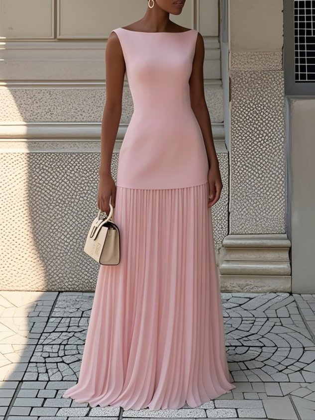 Sleeveless pleated maxi dress with figure-enhancing bodice and flowing skirt for elegant occasions