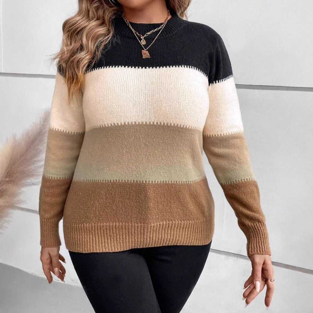 Women's color block knit sweater relaxed fit round neck long sleeves casual Nordic style