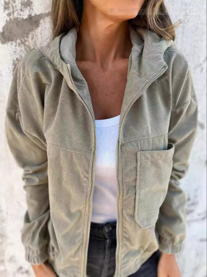 Women's brown corduroy hooded jacket relaxed fit zip front with elastic cuffs casual everyday wear