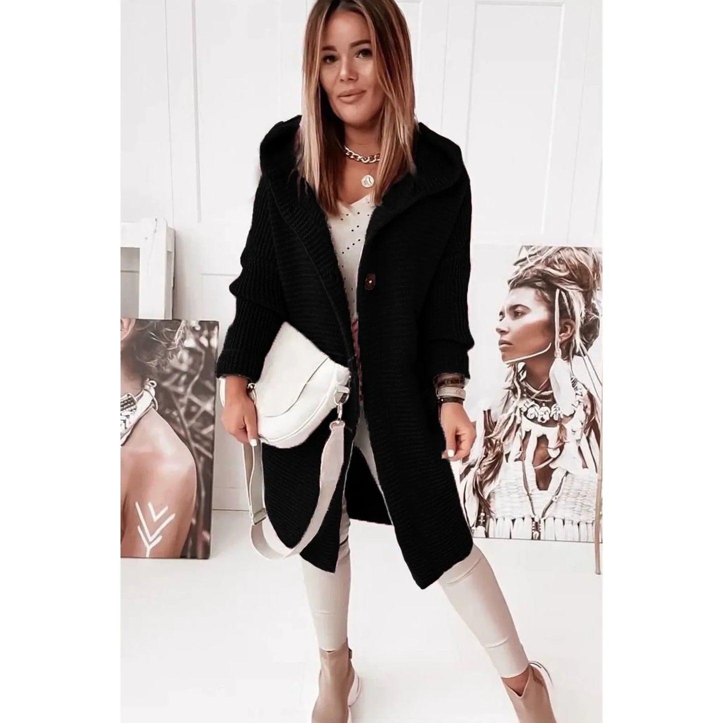 Women's soft beige longline hooded cardigan ribbed knit button front cozy layering essential