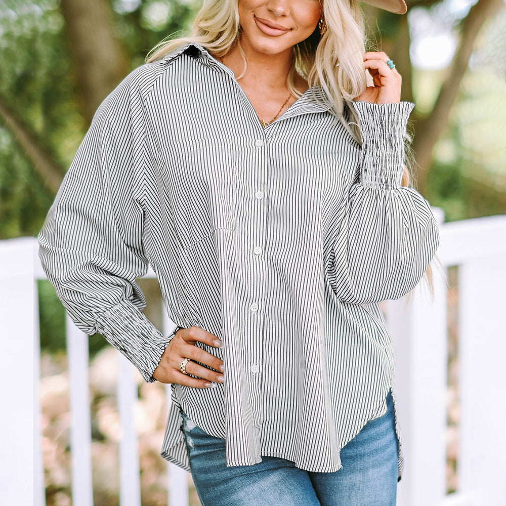 Women's baby blue pinstripe oversized button-down shirt with smocked cuffs, long sleeve relaxed fit