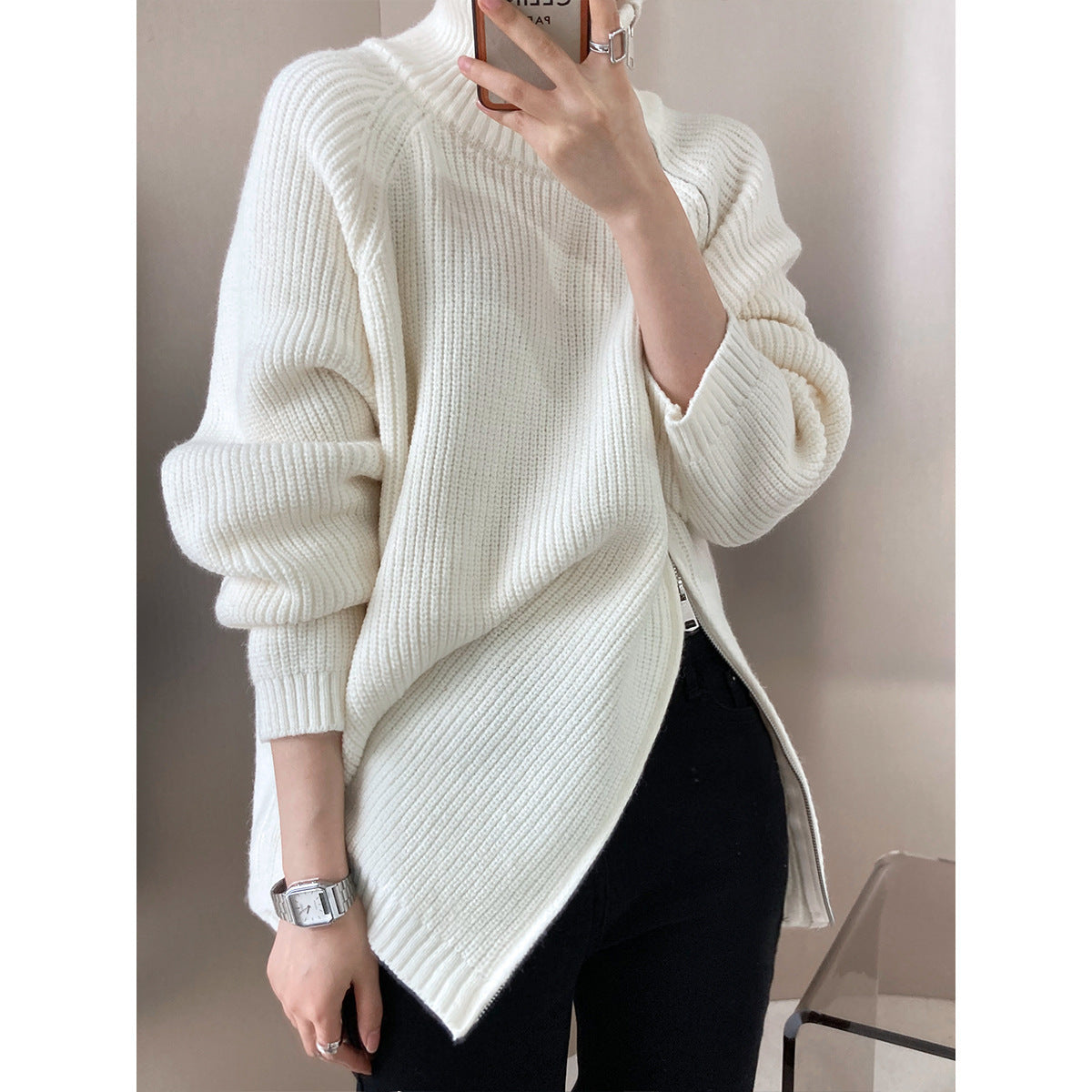 Women's wool blend oversized knit sweater with high collar and side zipper cozy layering essential