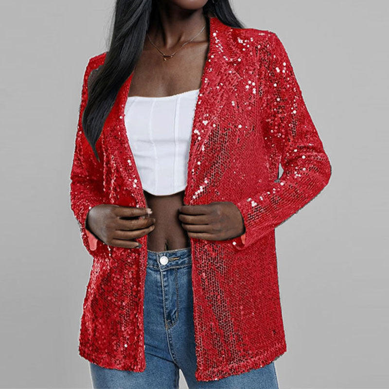 Women's silver sequin-coated blazer tailored fit open front long sleeves evening wear