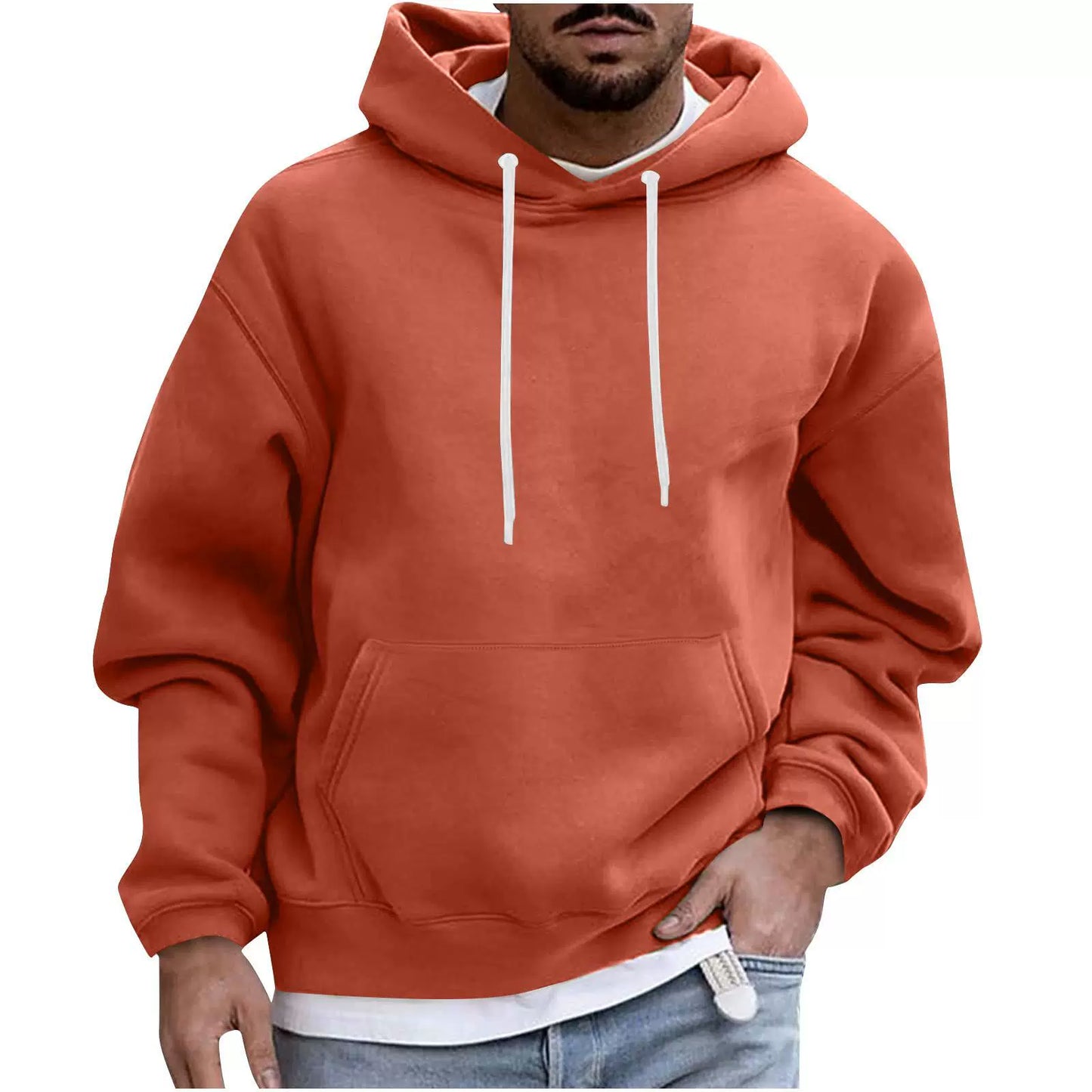 Men's loose fit drop shoulder fleece hoodie with kangaroo pocket and ribbed hem for relaxed style