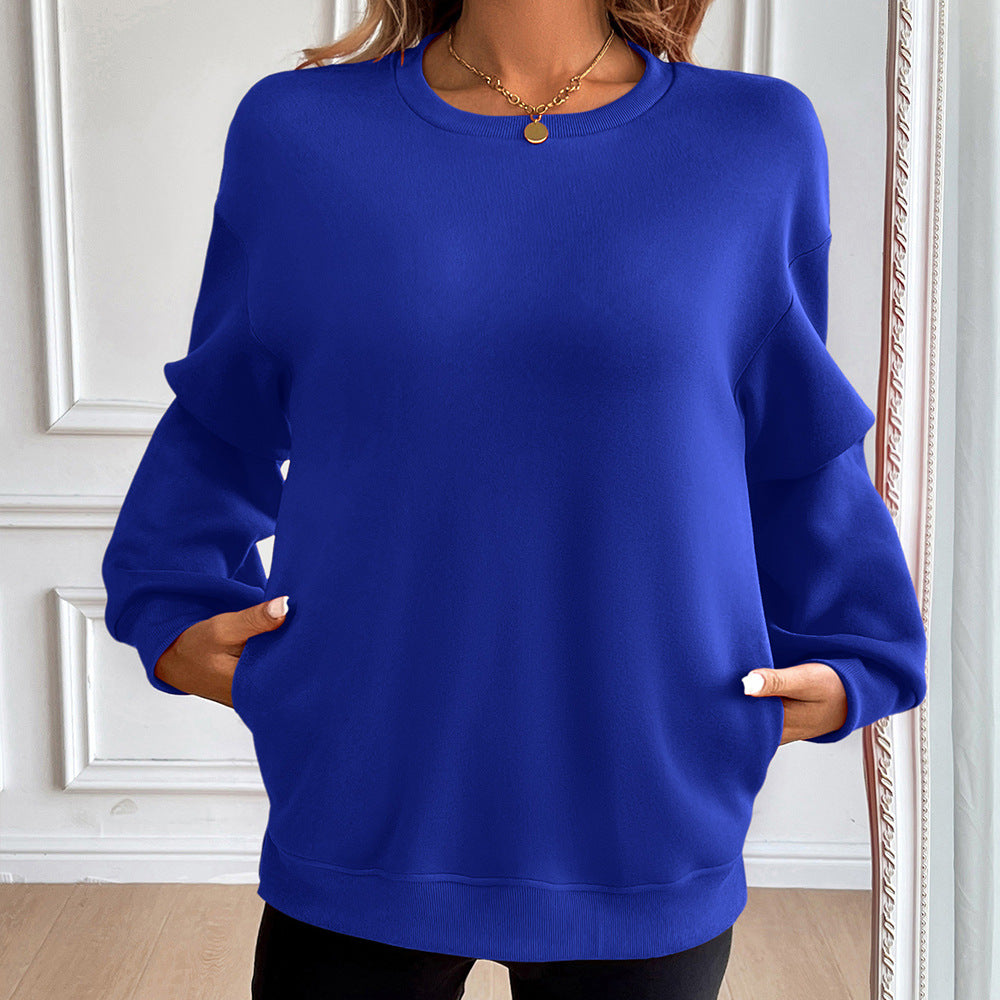 Women's loose fit cotton blend sweatshirt round neck relaxed silhouette with front pockets casual style