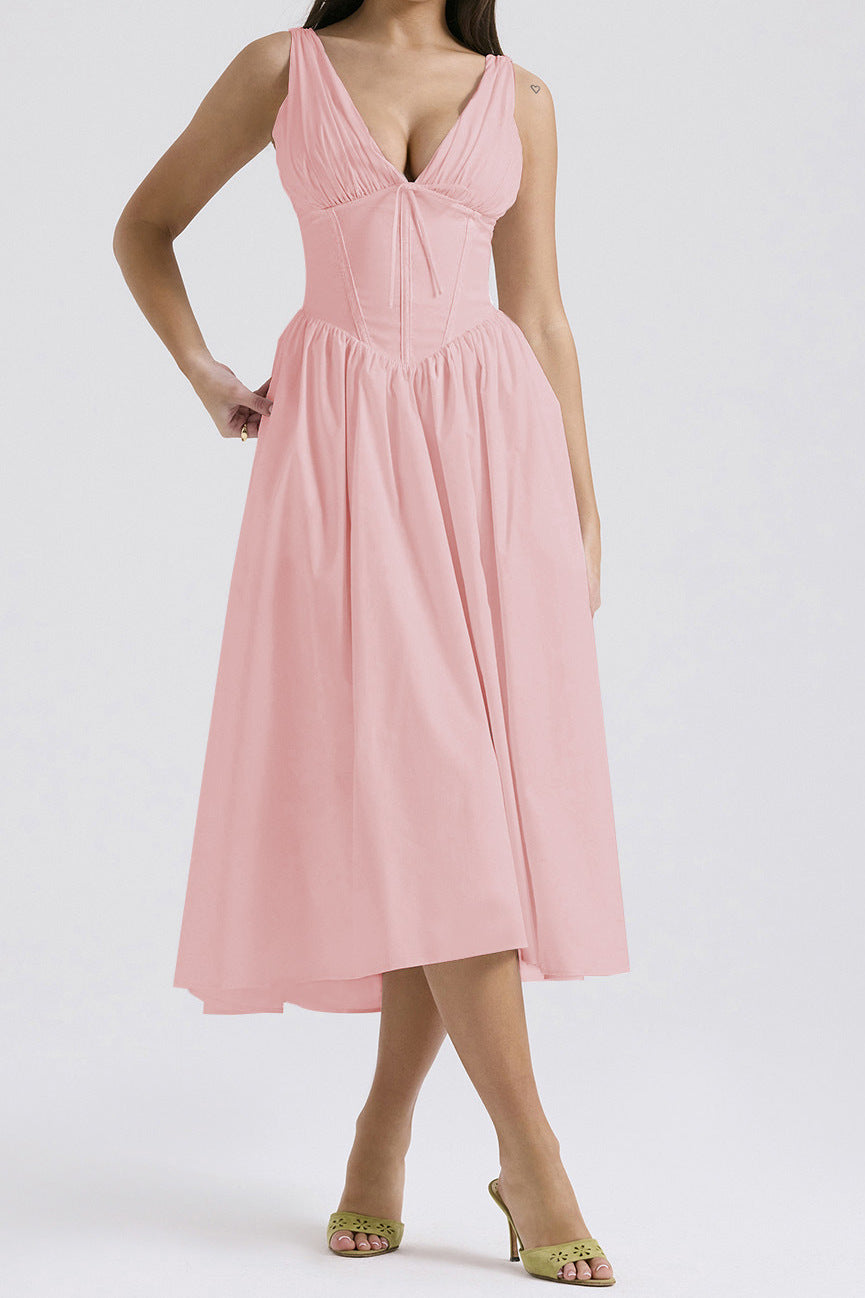 Women's floral print midi dress, A-line sleeveless V-neck with flowing warm-weather silhouette