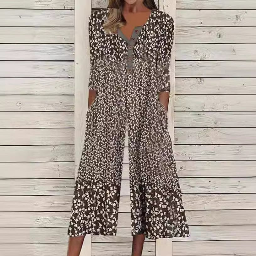 Women's blue white leaf print jumpsuit V-neck short sleeves wide-leg cropped botanical resort style