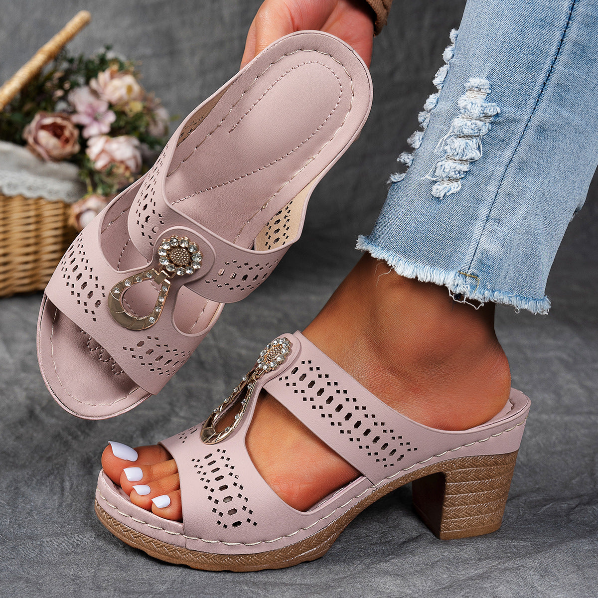 Women's comfort flat sandals with sparkling rhinestone embellishment in elegant neutral tones