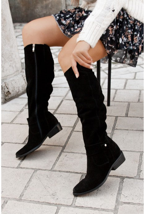 Women's knee-high loose fit suede boots flat sole low heel side zipper decorative buckles