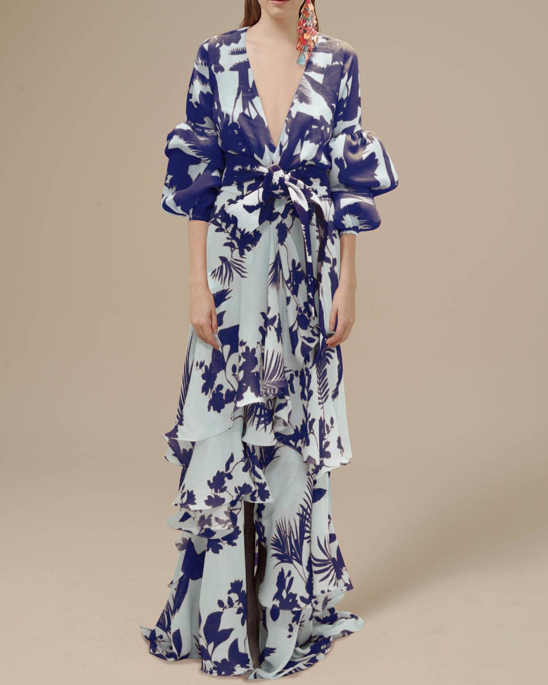 Women's printed chiffon maxi dress with puff sleeves, V-neck, belted waist, and tiered ruffle skirt