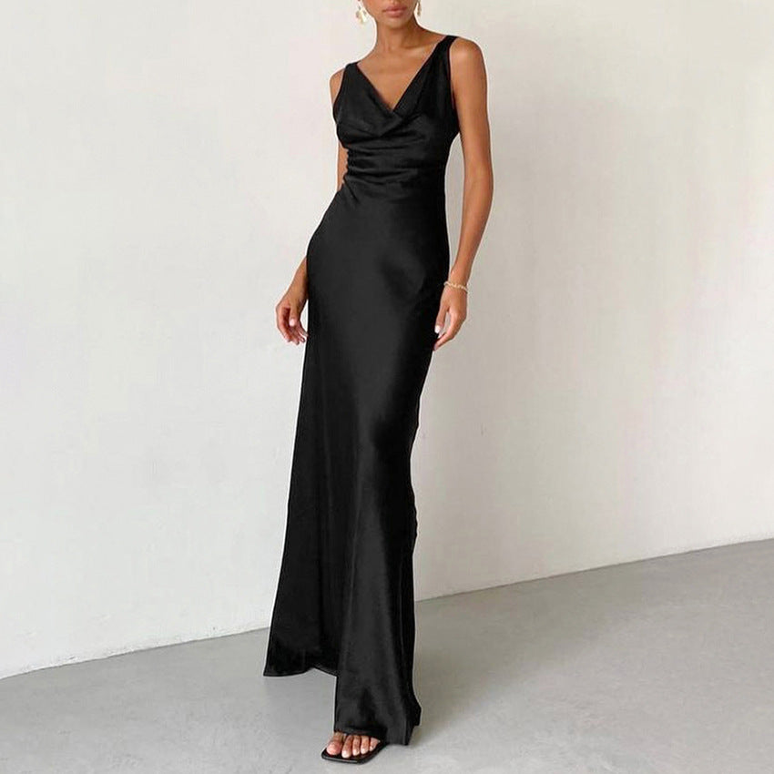 Women's satin slim-fit evening dress with draped neckline, spaghetti straps, and floor-length silhouette
