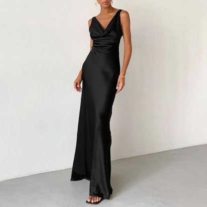 Women's satin slim-fit evening dress with draped neckline, spaghetti straps, and floor-length silhouette