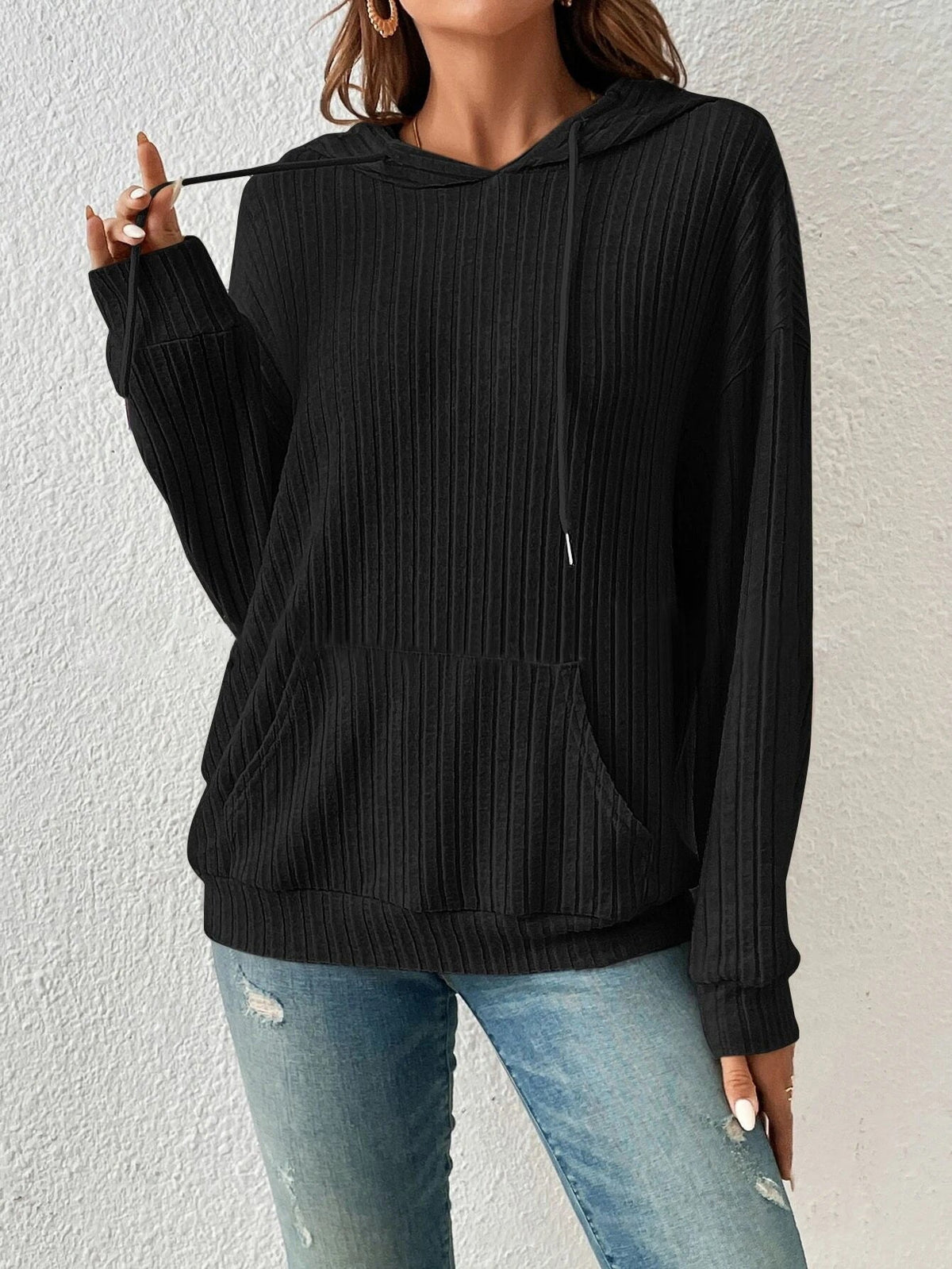 Beige ribbed knit relaxed-fit hoodie with kangaroo pocket, casual everyday style