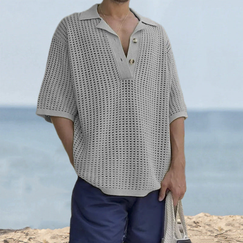 Men beige oversized open knit short sleeve sweater with notch collar, breathable cotton Nordic style