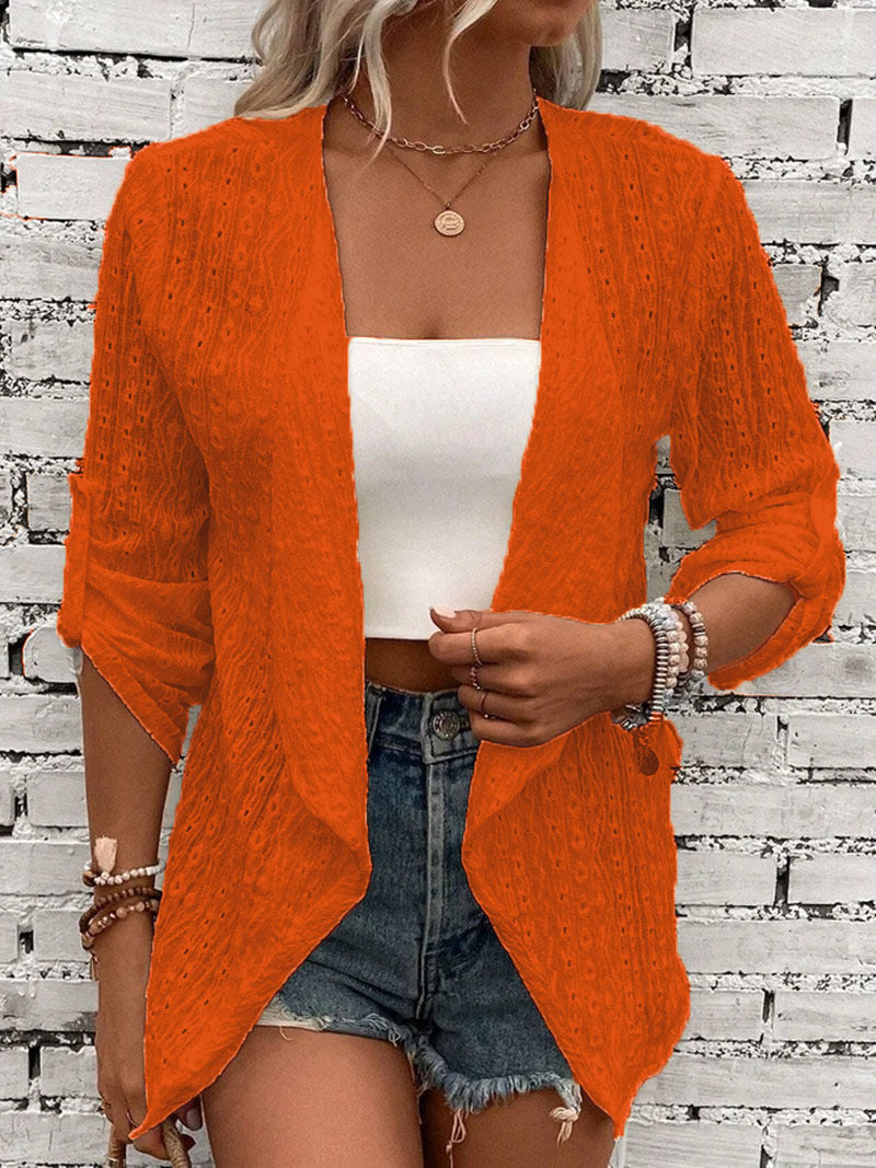 Women's boho crocheted knit open-front cardigan relaxed fit with rich crochet texture