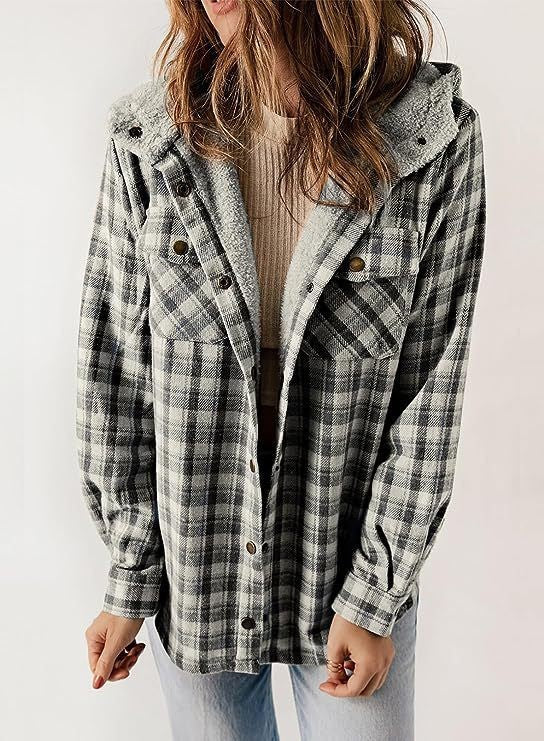 Women's plaid wool blend coat relaxed fit with plush lined hood for fall winter casual outerwear