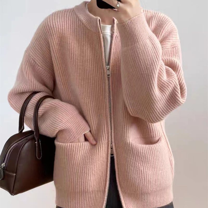 Women's oversized ribbed wool blend cardigan cozy fit with pockets and double zipper, neutral tone