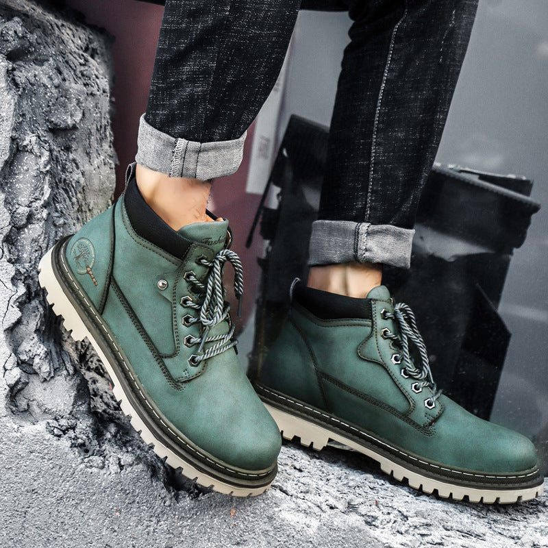 Men's black faux leather ankle-high lace-up boots with chunky lugged sole for everyday style