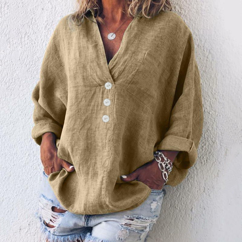 Women's linen oversized V-neck top long sleeve button placket with chest pocket casual fit
