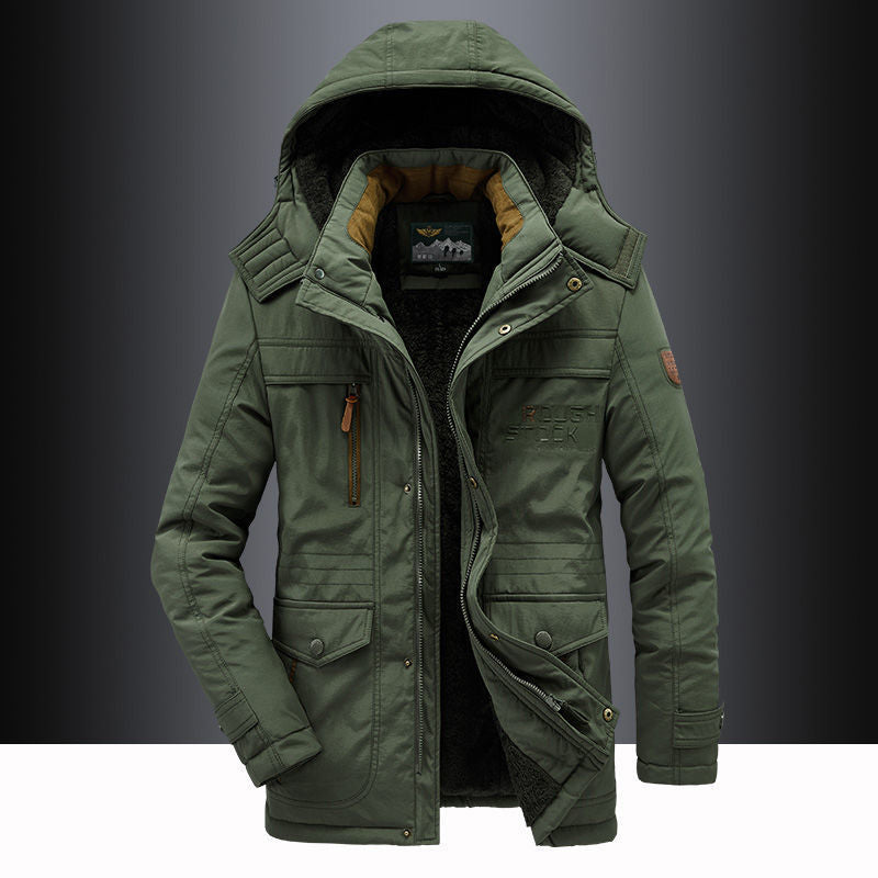 Fleece-Lined Hooded Thigh-Length Parka for Men – Warmth & Functional Design