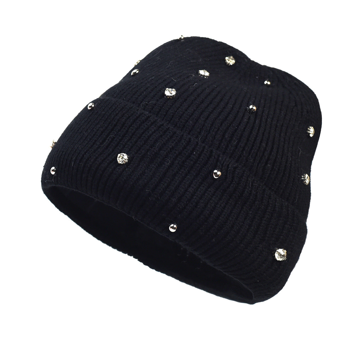 Cozy knit beanie with subtle sparkle beaded accents in neutral tone, women's glam cold-weather hat