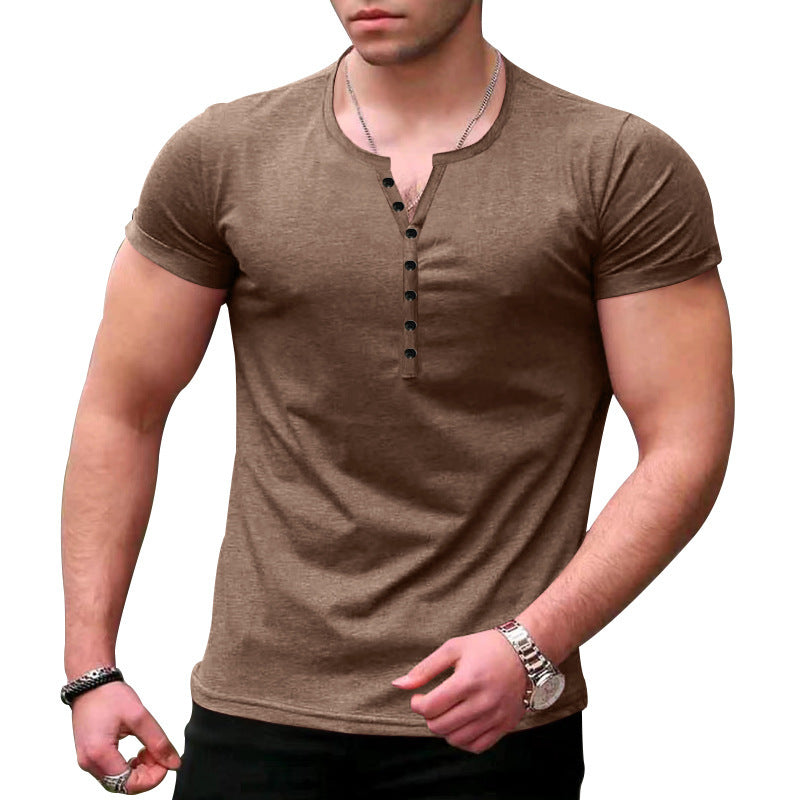 Men's slim fit henley t-shirt soft knit short sleeve casual style with button placket