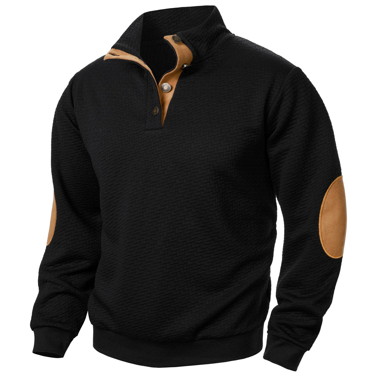 Men's relaxed fit stand collar sweatshirt with textured fabric and contrast elbow patches