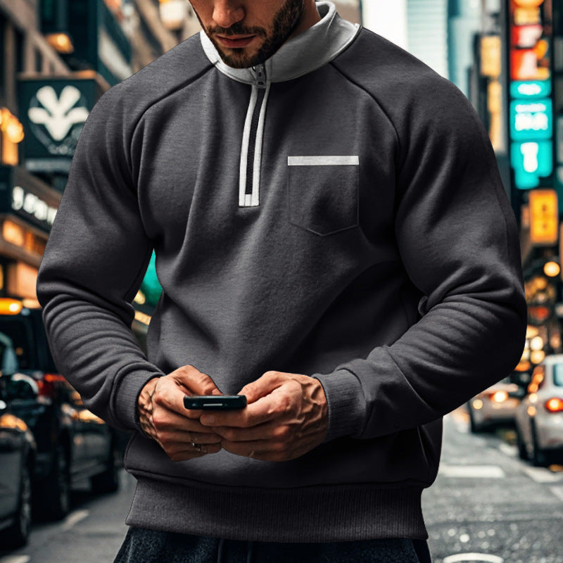 Men's gray cotton blend zip neck sweatshirt stand-up collar regular fit chest pocket