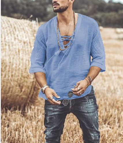 Men's relaxed fit cotton shirt three-quarter sleeves lace closure neckline breathable casual style