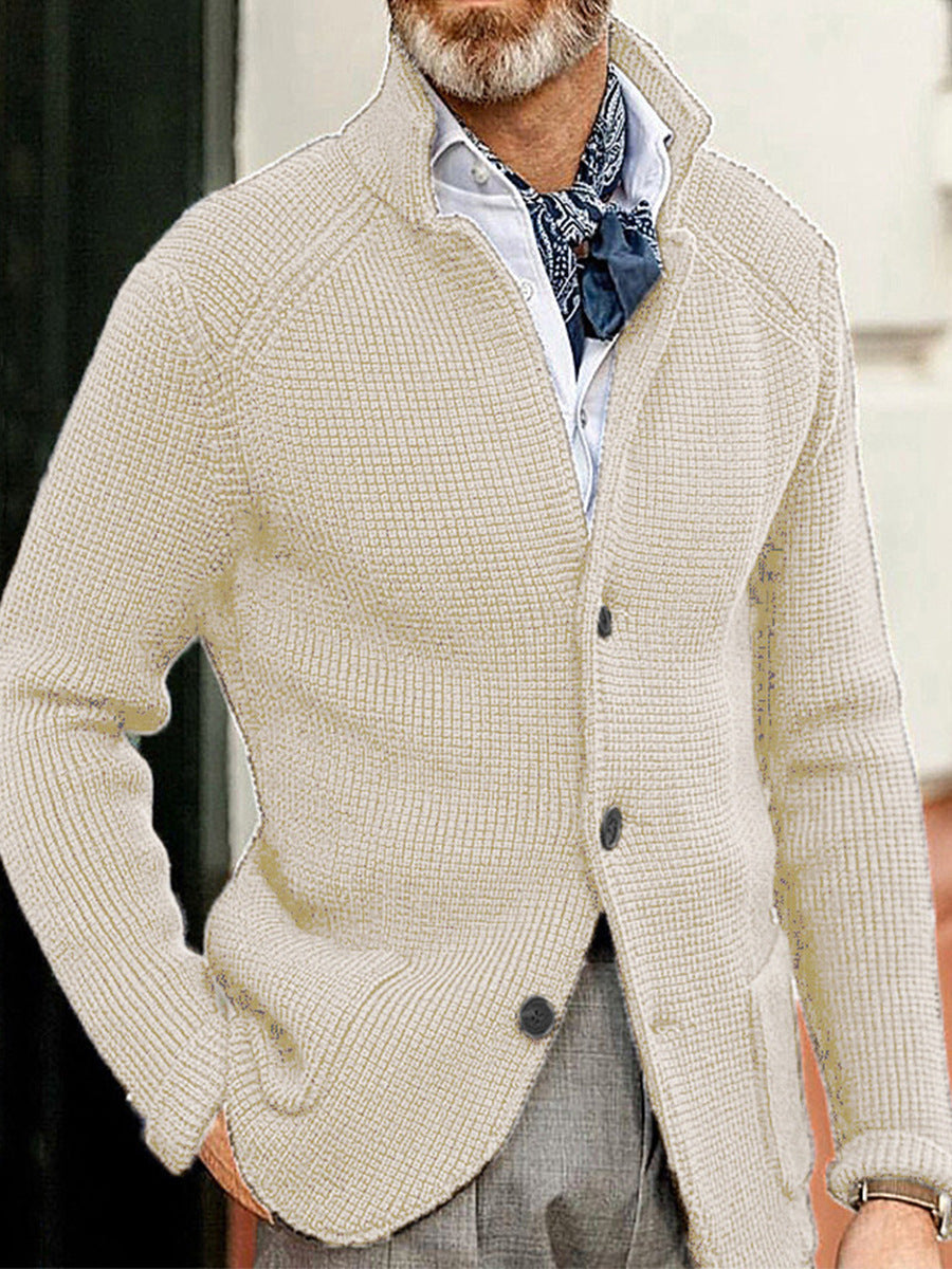 Men's slim fit textured knit cardigan with stand collar and patch pockets for layering