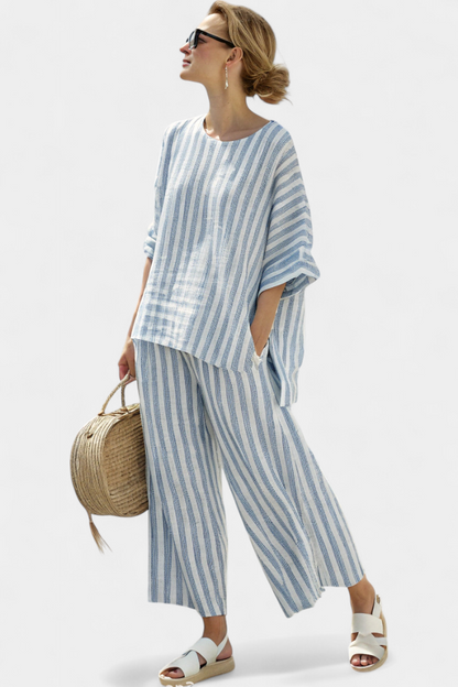 Women's blue striped oversized boxy top and wide leg pants matching set with coastal casual style