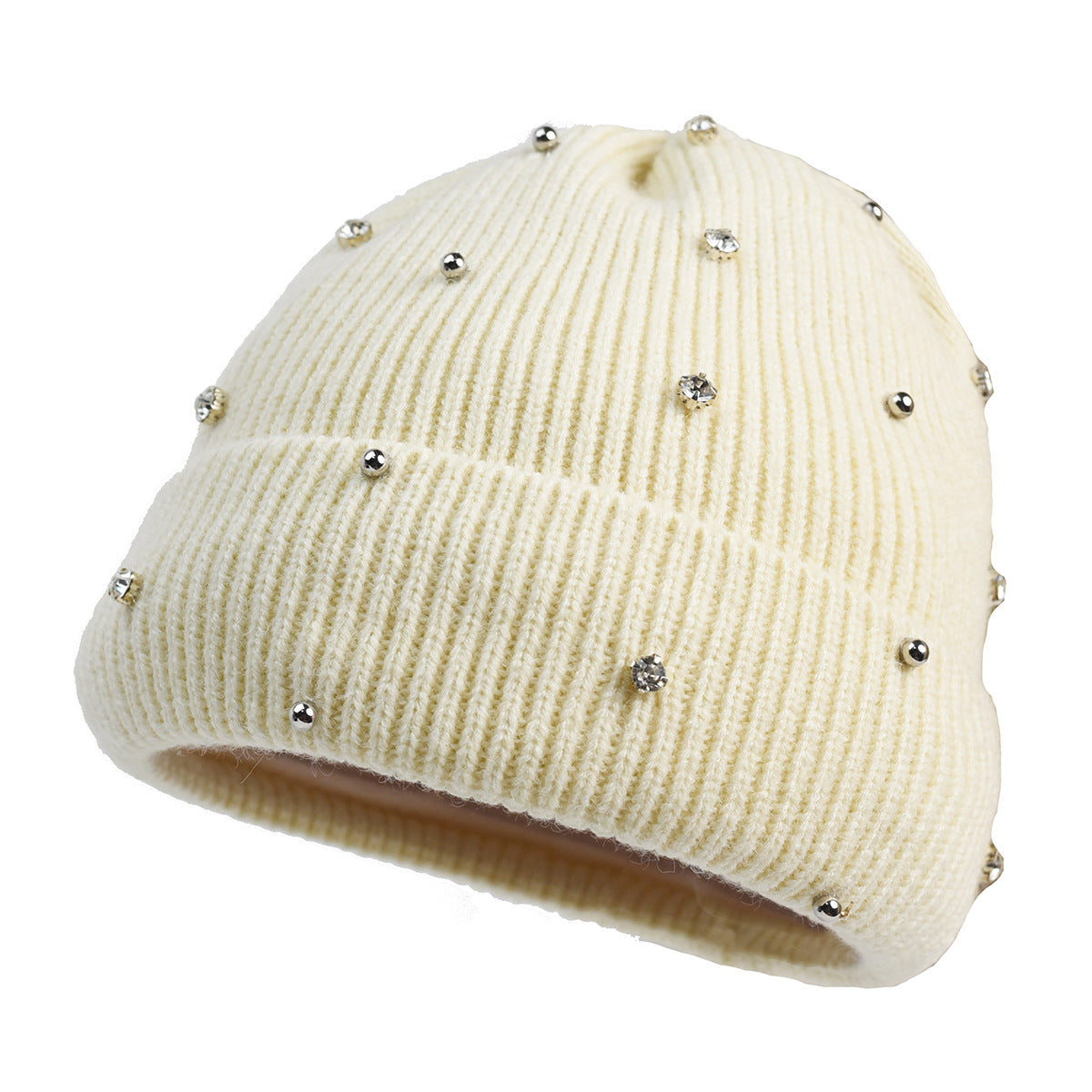 Women's cozy knit beanie in neutral tones with subtle sparkle beaded accents for cold-weather glam