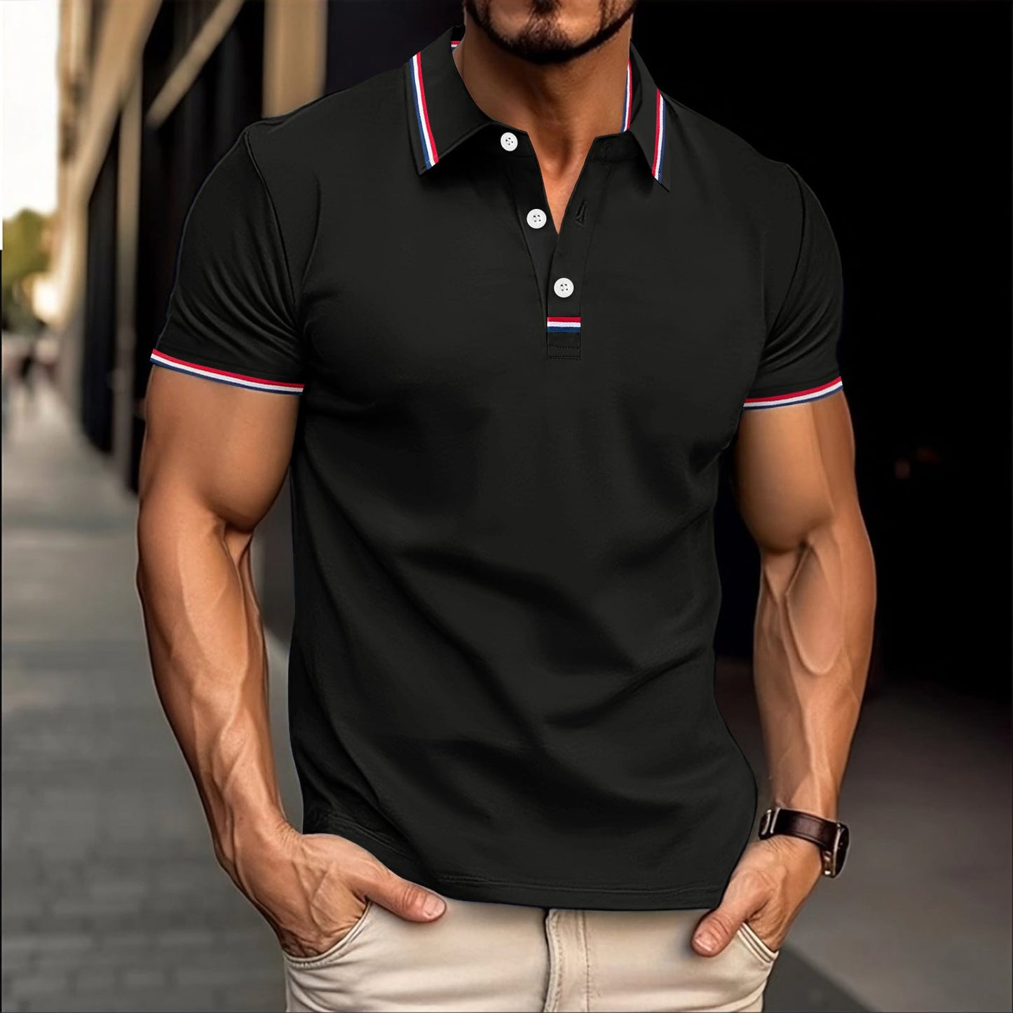 Men's slim fit cotton-blend polo shirt with ribbed collar and button placket, versatile casual style