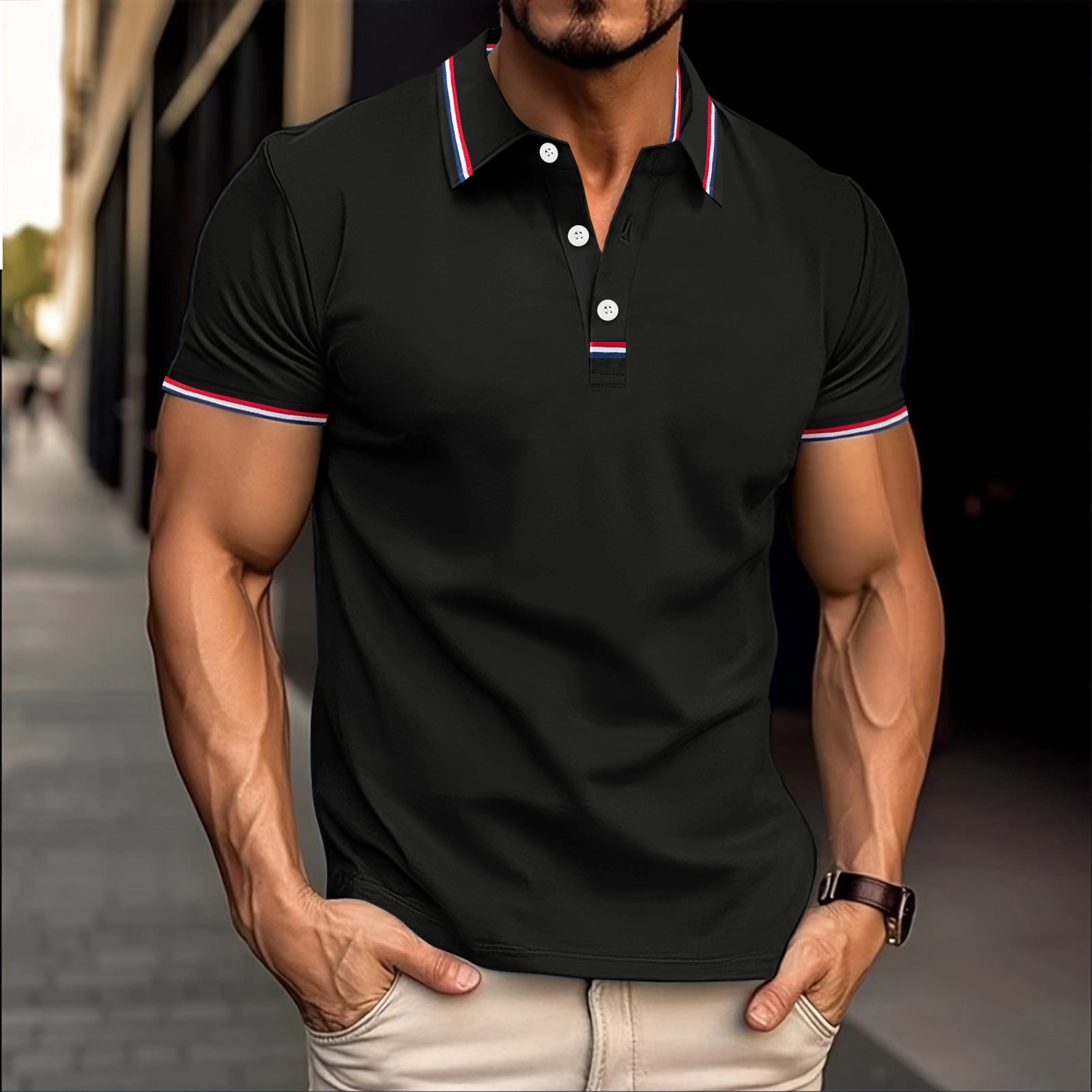 Men's slim fit cotton-blend polo shirt with ribbed collar and button placket, versatile casual style