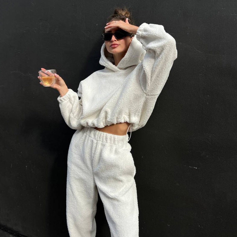 Women's fleece two-piece loungewear set oversized hoodie high waist pants soft cozy fit